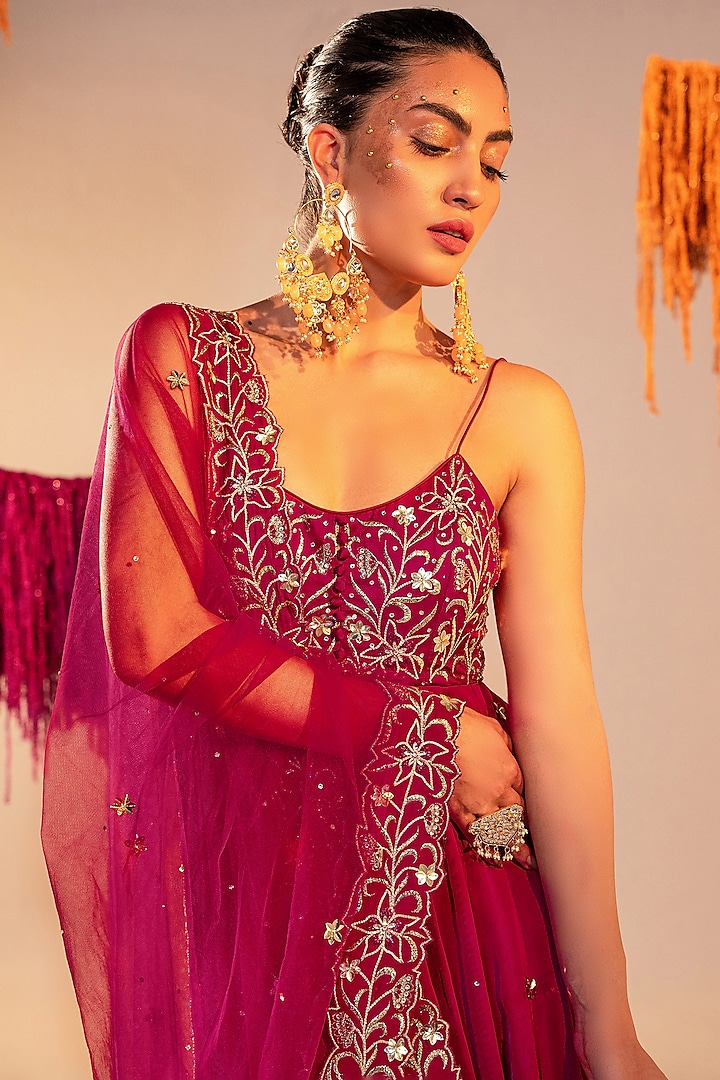 Purple Georgette & Satin Sequins Embroidered Wedding Anarkali Set by Silky Bindra at Pernia's Pop Up Shop