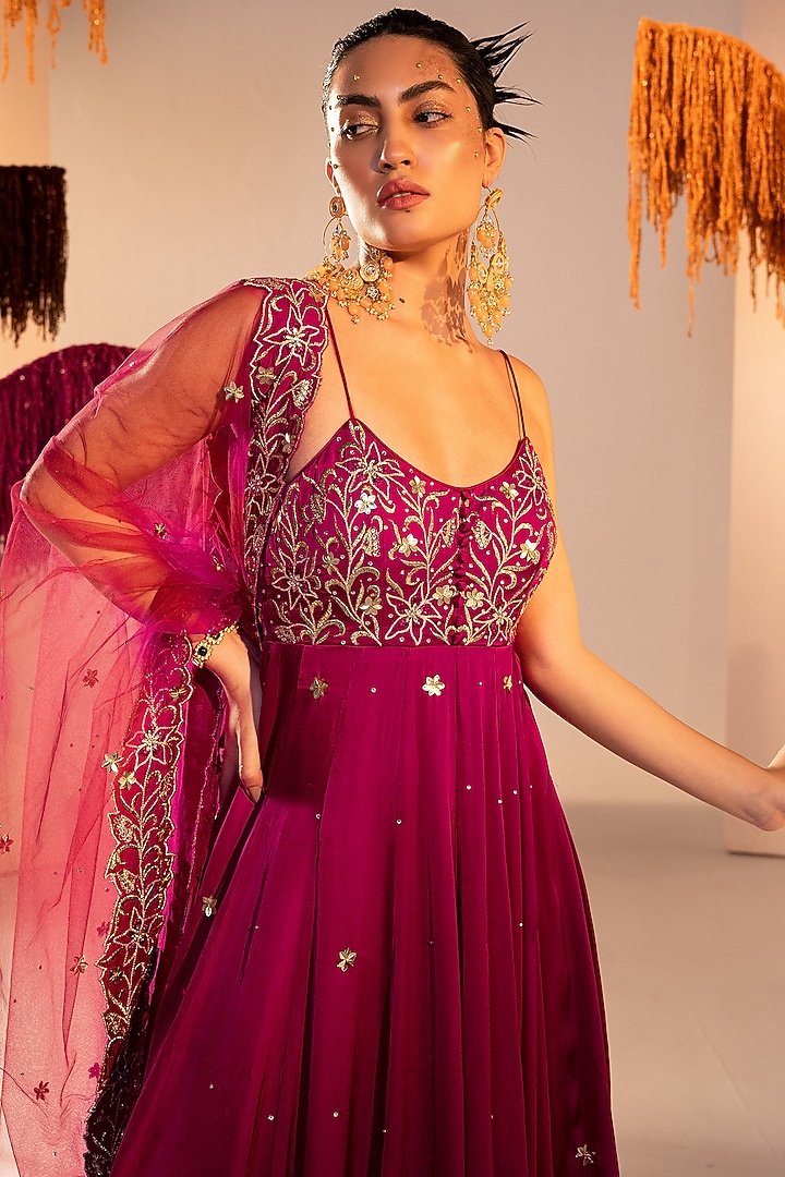 Purple Georgette & Satin Sequins Embroidered Wedding Anarkali Set by Silky Bindra at Pernia's Pop Up Shop