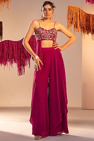 Purple Crepe High-Waisted Flared Pant Set by Silky Bindra