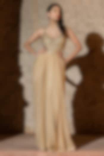 Beige Gold Organza Embroidered Draped Engagement Gown by Silky Bindra at Pernia's Pop Up Shop