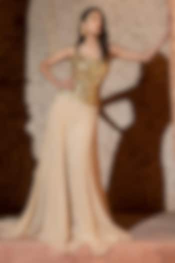 Beige Gold Organza Trail Skirt Set by Silky Bindra at Pernia's Pop Up Shop