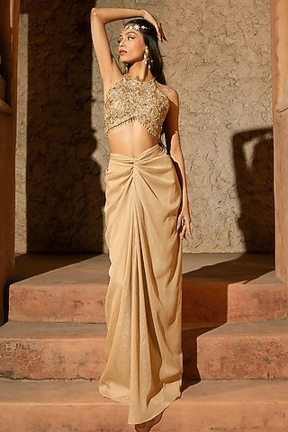Beige Gold Organza Knotted Draped Skirt Set by Silky Bindra