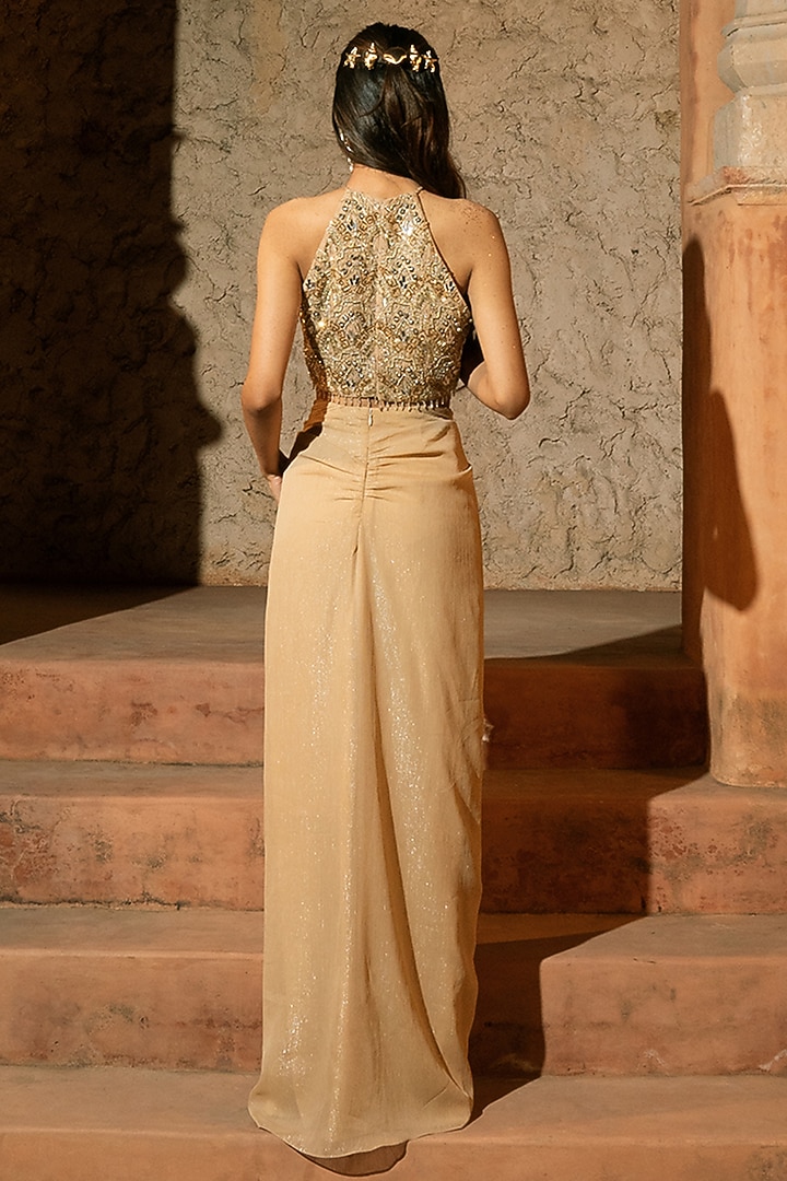 Beige Gold Organza Knotted Draped Skirt Set by Silky Bindra at Pernia's Pop Up Shop