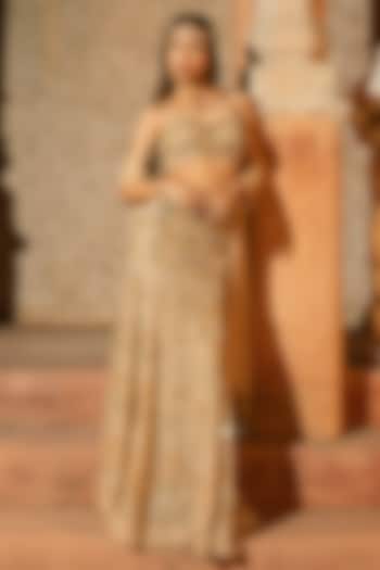 Beige Gold Organza Embroidered Skirt Set by Silky Bindra at Pernia's Pop Up Shop