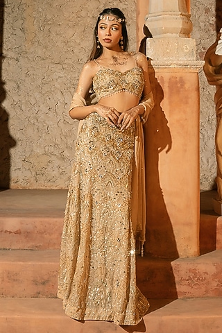 Beige Gold Organza Embroidered Skirt Set by Silky Bindra