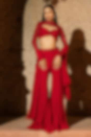 Red Organza & Soft Net Embroidered Flared Pant Set by Silky Bindra at Pernia's Pop Up Shop