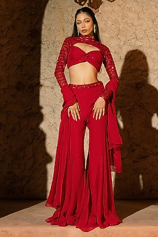 Red Organza & Soft Net Embroidered Flared Pant Set by Silky Bindra