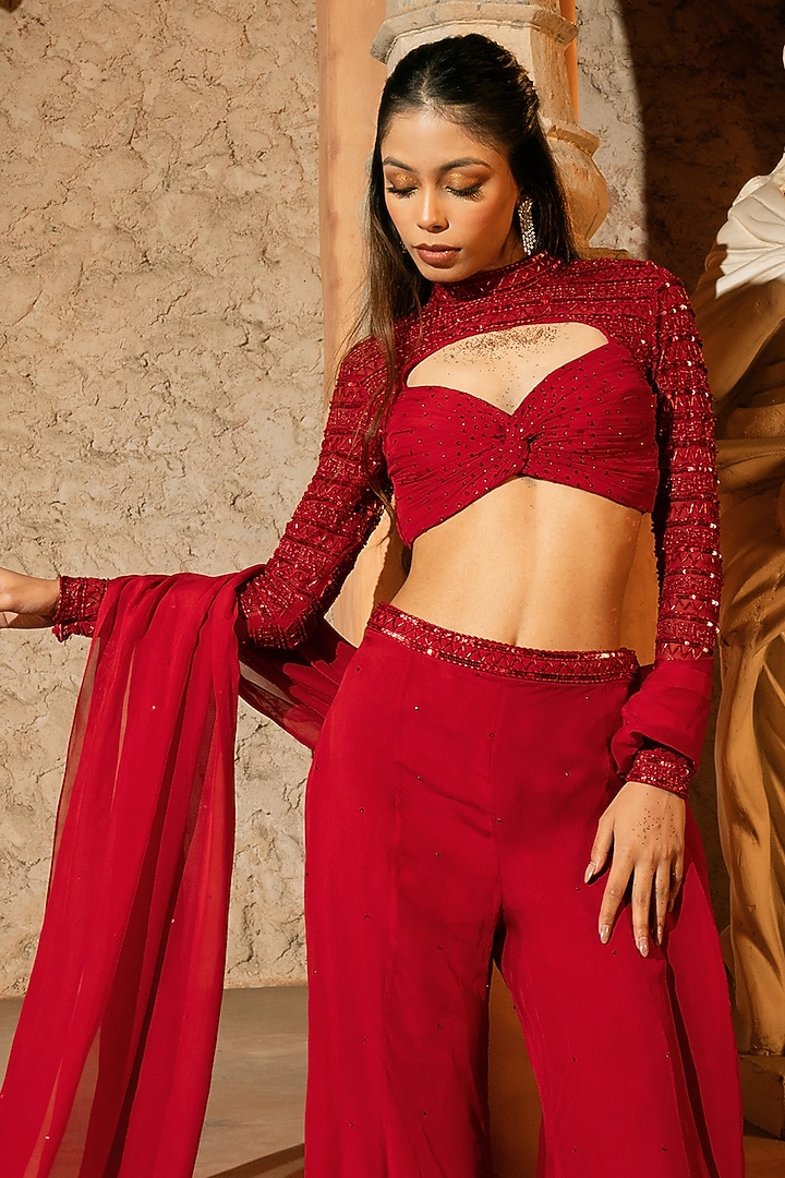 Red Organza & Soft Net Embroidered Flared Pant Set by Silky Bindra at Pernia's Pop Up Shop