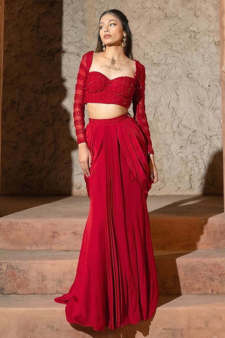 Red Crepe & Soft Net Draped Skirt Set by Silky Bindra at Pernia's Pop Up Shop