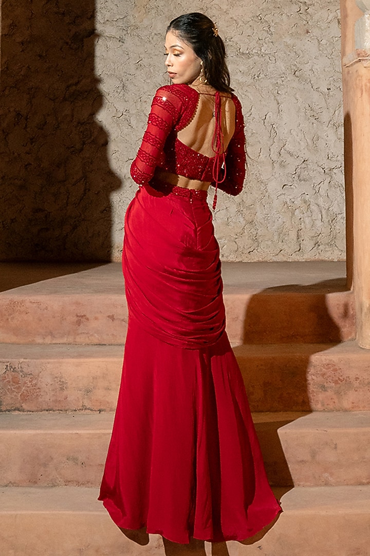 Red Crepe & Soft Net Draped Skirt Set by Silky Bindra at Pernia's Pop Up Shop