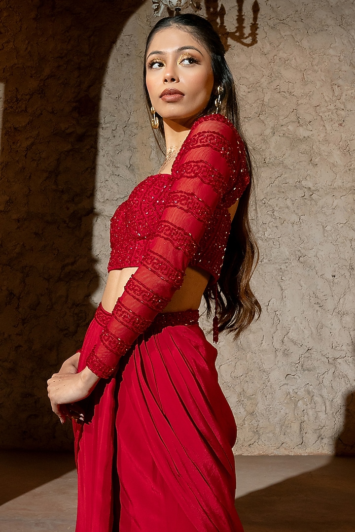Red Crepe & Soft Net Draped Skirt Set by Silky Bindra at Pernia's Pop Up Shop