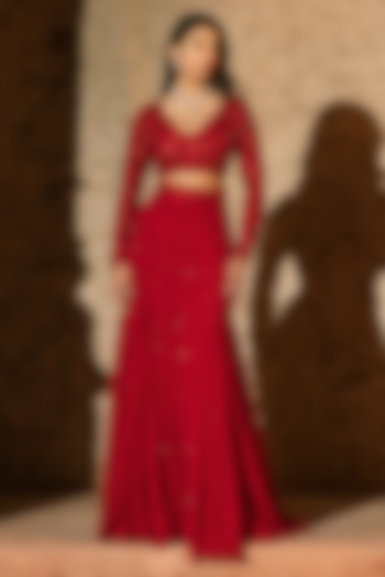 Red Organza & Shantoon Paneled Skirt Set by Silky Bindra at Pernia's Pop Up Shop