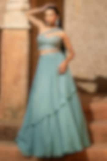 Aqua Blue Organza Draped Paneled Wedding Lehenga Set by Silky Bindra at Pernia's Pop Up Shop