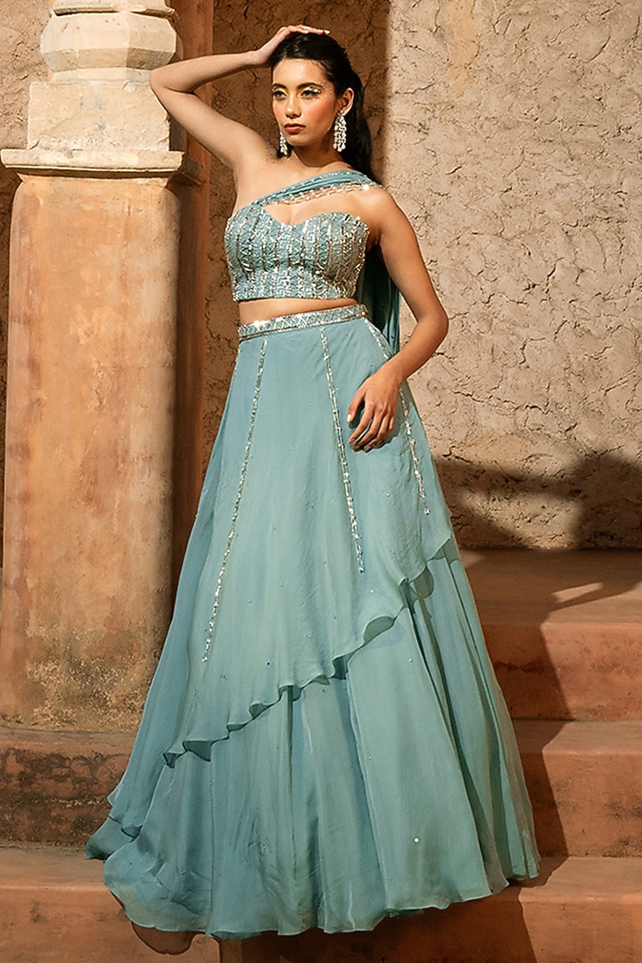 Aqua Blue Organza Draped Paneled Wedding Lehenga Set by Silky Bindra at Pernia's Pop Up Shop