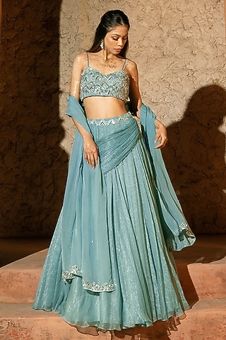 Aqua Blue Shimmer Chiffon Cowl Lehenga Set by Silky Bindra