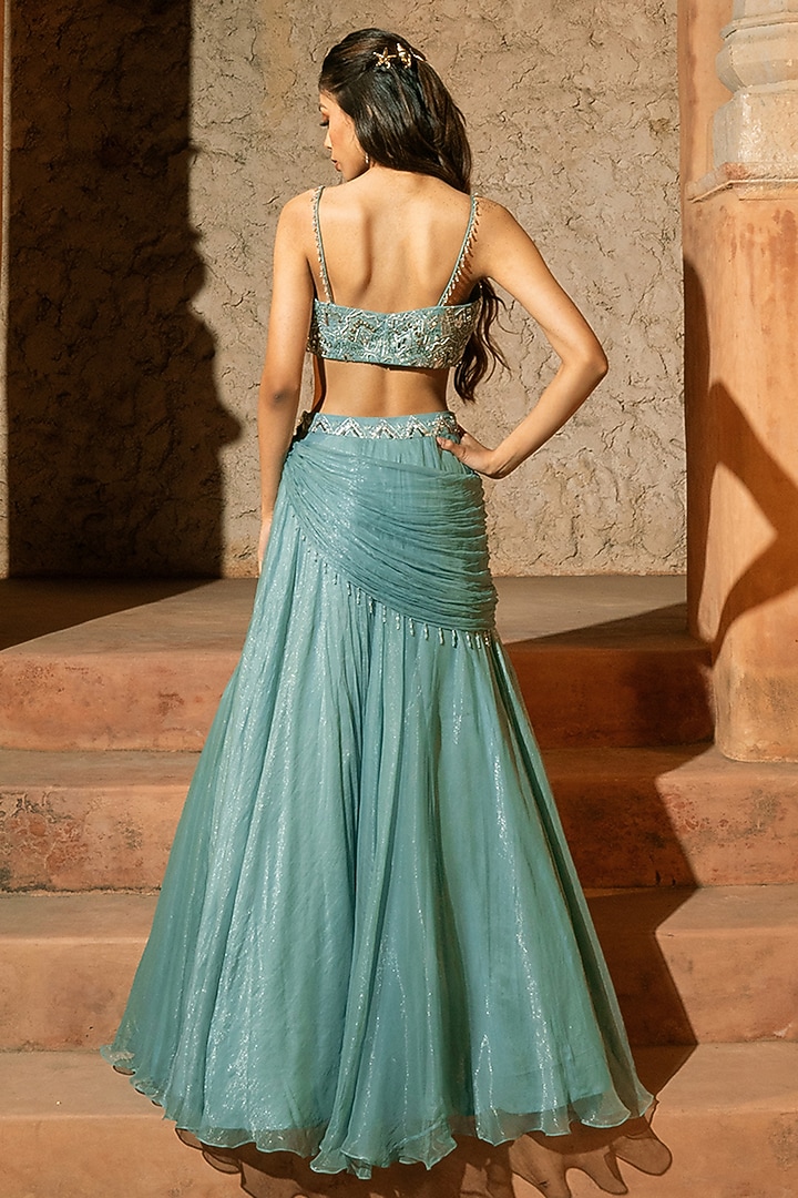 Aqua Blue Shimmer Chiffon Cowl Wedding Lehenga Set by Silky Bindra at Pernia's Pop Up Shop