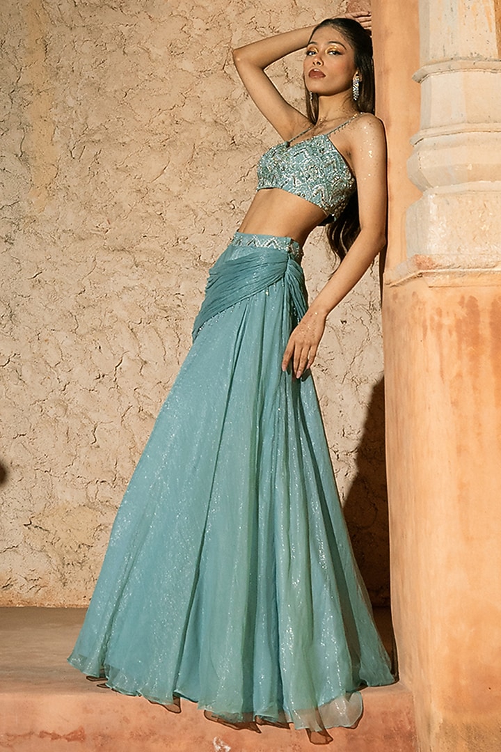 Aqua Blue Shimmer Chiffon Cowl Wedding Lehenga Set by Silky Bindra at Pernia's Pop Up Shop