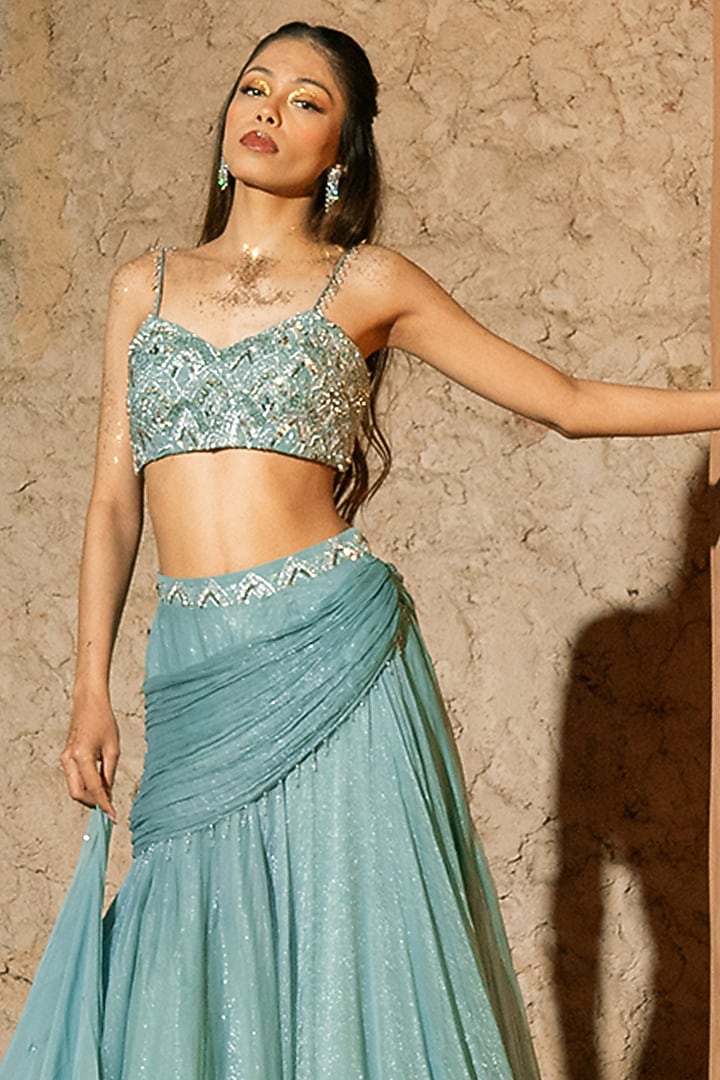Aqua Blue Shimmer Chiffon Cowl Wedding Lehenga Set by Silky Bindra at Pernia's Pop Up Shop