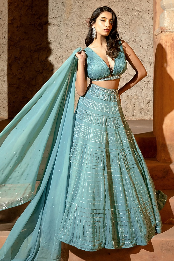 Aqua Blue Organza & Shantoon Wedding Lehenga Set by Silky Bindra at Pernia's Pop Up Shop