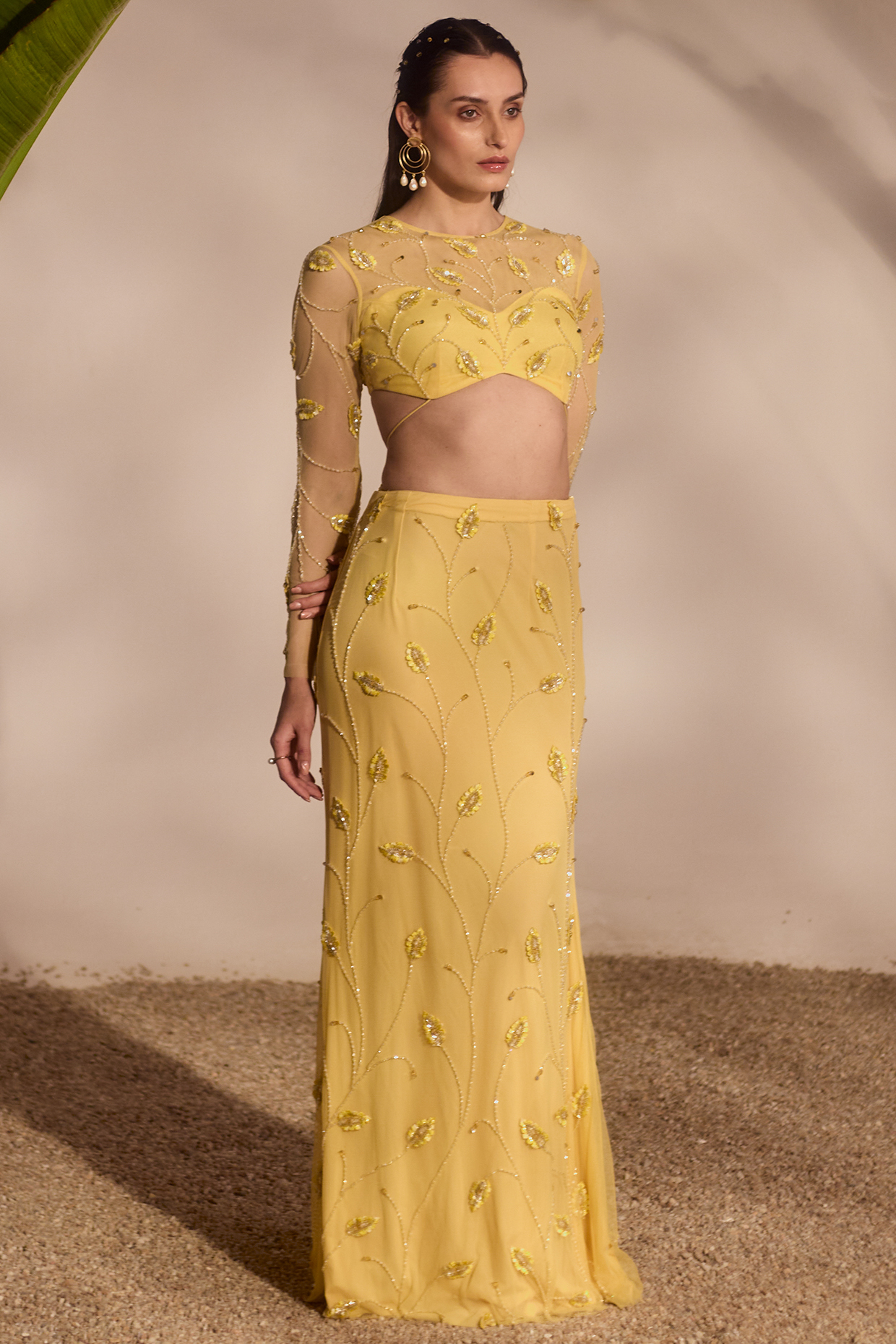 Butter Yellow Soft Net & Lycra Applique Work Skirt Set by Silky Bindra at Pernia's Pop Up Shop