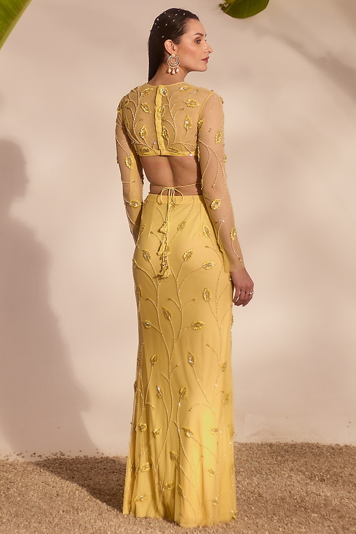 Butter Yellow Soft Net & Lycra Applique Work Skirt Set by Silky Bindra at Pernia's Pop Up Shop