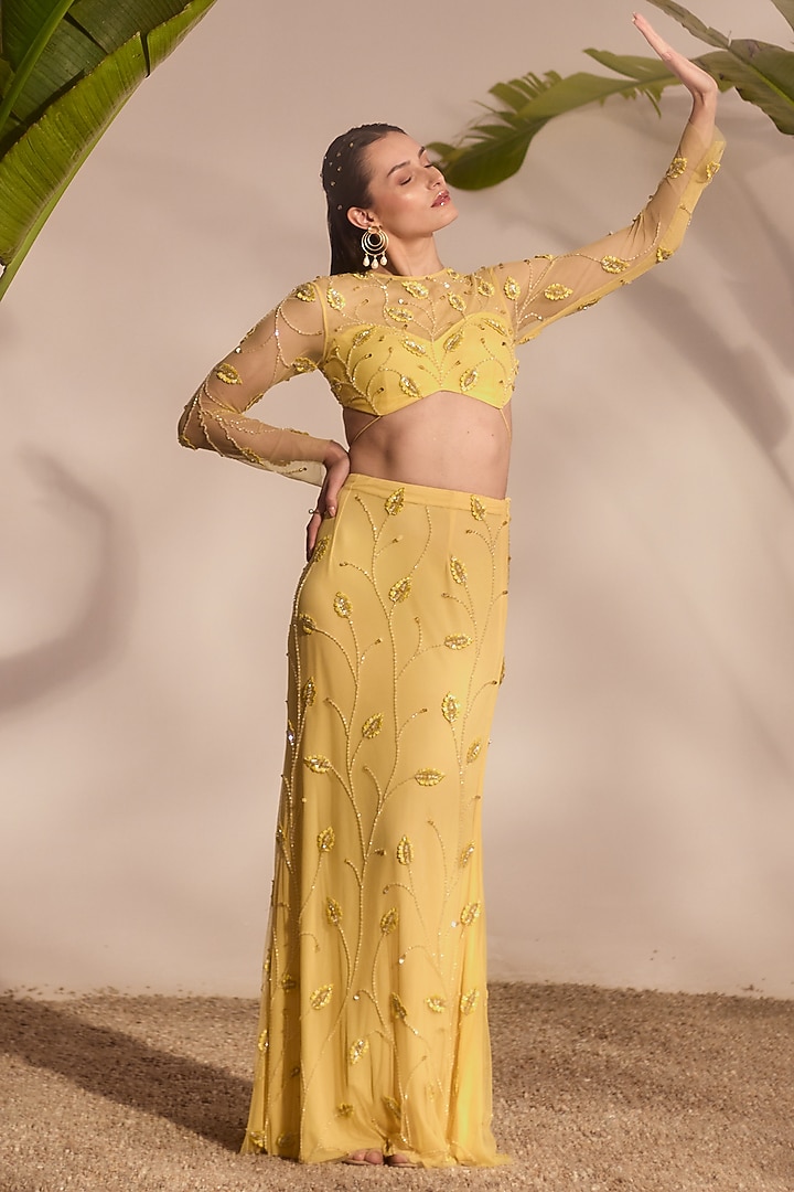 Butter Yellow Soft Net & Lycra Applique Work Skirt Set by Silky Bindra at Pernia's Pop Up Shop