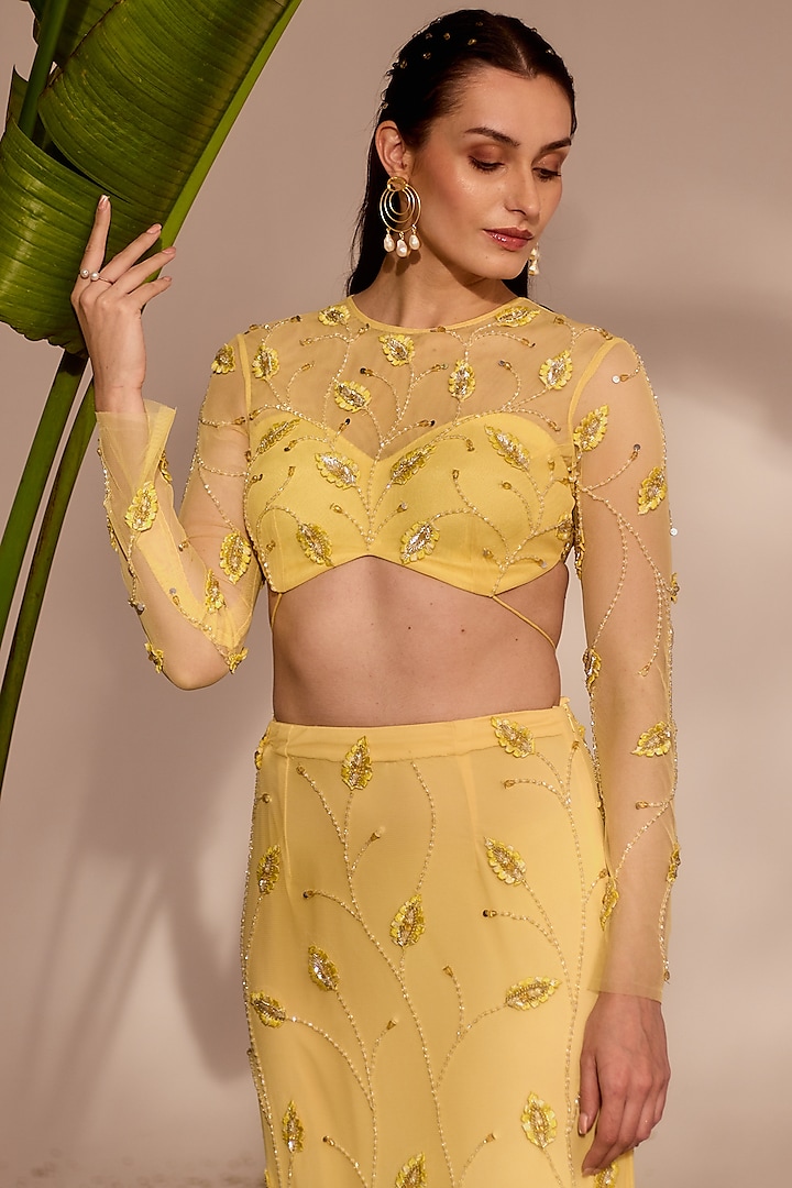Butter Yellow Soft Net & Lycra Applique Work Skirt Set by Silky Bindra at Pernia's Pop Up Shop