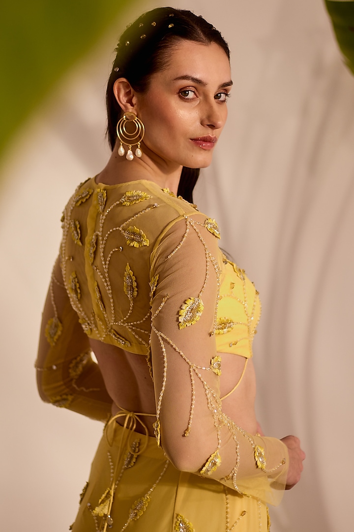 Butter Yellow Soft Net & Lycra Applique Work Skirt Set by Silky Bindra at Pernia's Pop Up Shop