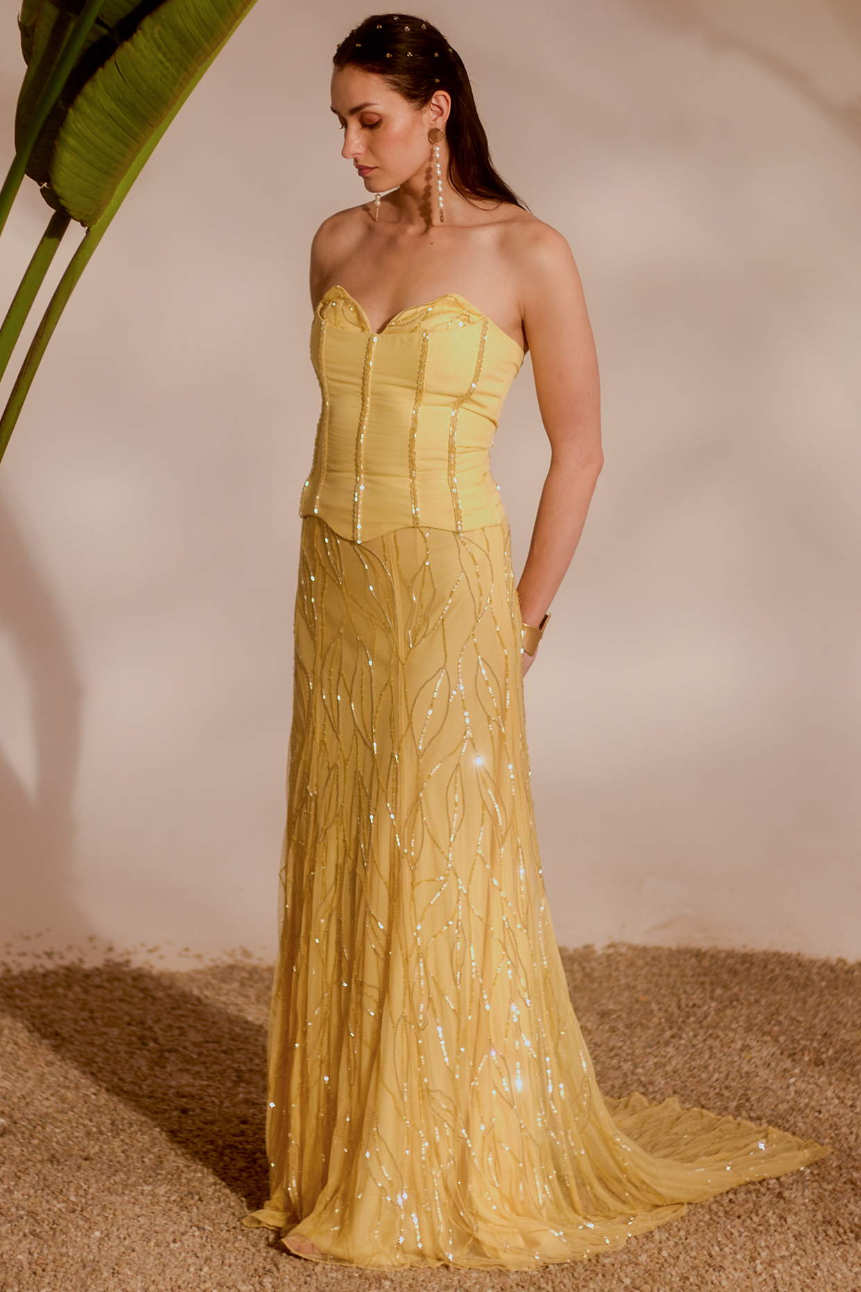Butter Yellow Soft Net & Organza Embroidered A-Line Skirt Set by Silky Bindra at Pernia's Pop Up Shop