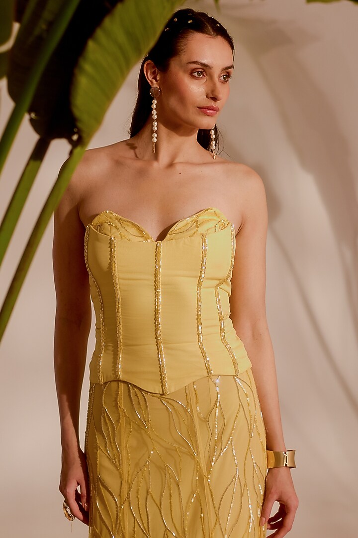 Butter Yellow Soft Net & Organza Embroidered A-Line Skirt Set by Silky Bindra at Pernia's Pop Up Shop