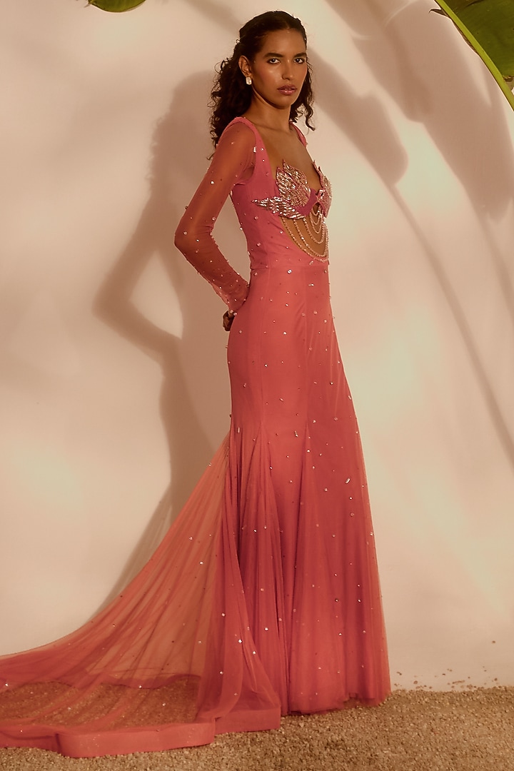 Dusty Pink Soft Net & Lycra Embroidered Engagement Gown by Silky Bindra at Pernia's Pop Up Shop