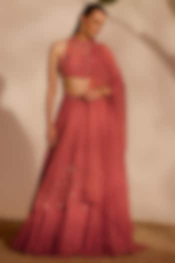 Dusty Pink Shantoon & Organza Draped Wedding Lehenga Set by Silky Bindra at Pernia's Pop Up Shop