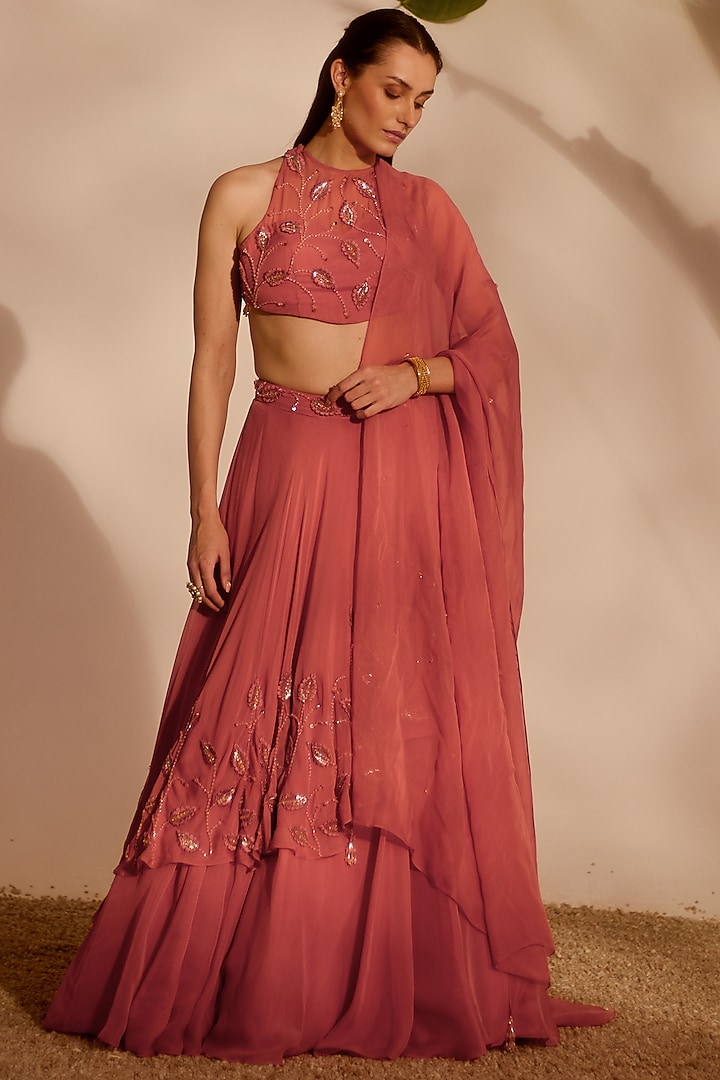 Dusty Pink Shantoon & Organza Draped Wedding Lehenga Set by Silky Bindra at Pernia's Pop Up Shop