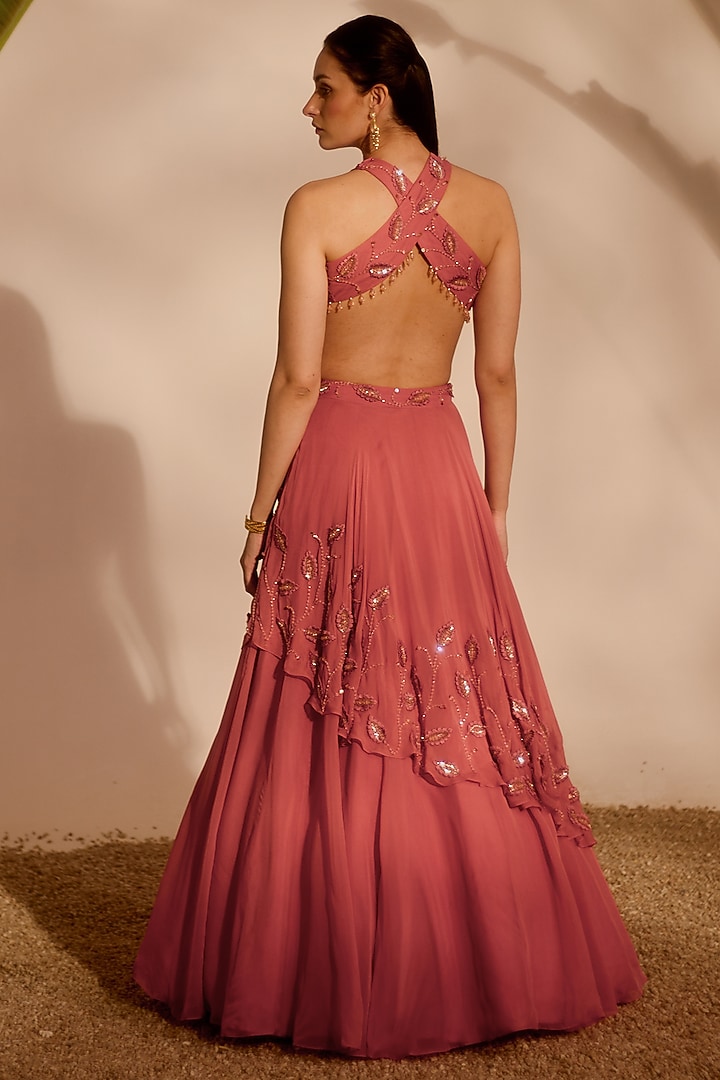 Dusty Pink Shantoon & Organza Draped Wedding Lehenga Set by Silky Bindra at Pernia's Pop Up Shop