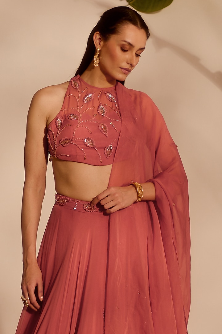 Dusty Pink Shantoon & Organza Draped Wedding Lehenga Set by Silky Bindra at Pernia's Pop Up Shop