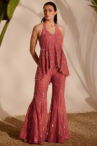Dusty Pink Shantoon & Organza Flared Pant Set by Silky Bindra