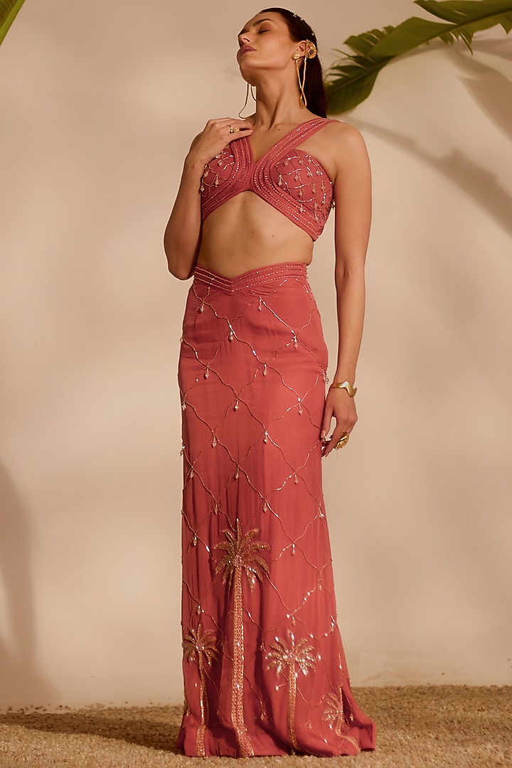 Dusty Pink Organza & Shantoon Embroidered Skirt Set by Silky Bindra at Pernia's Pop Up Shop