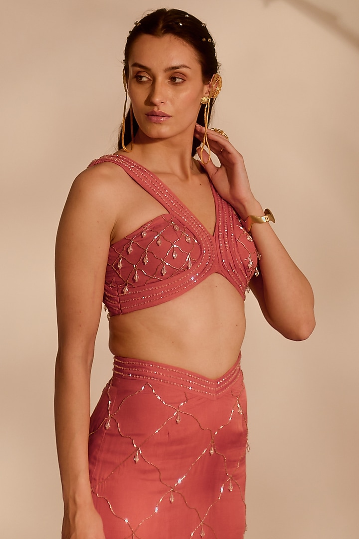 Dusty Pink Organza & Shantoon Embroidered Skirt Set by Silky Bindra at Pernia's Pop Up Shop