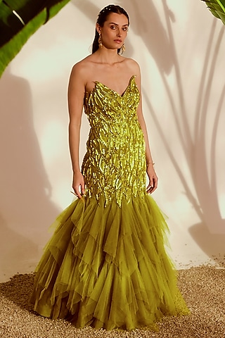 Green Net & Shantoon Applique Embroidered Mermaid Gown by Silky Bindra