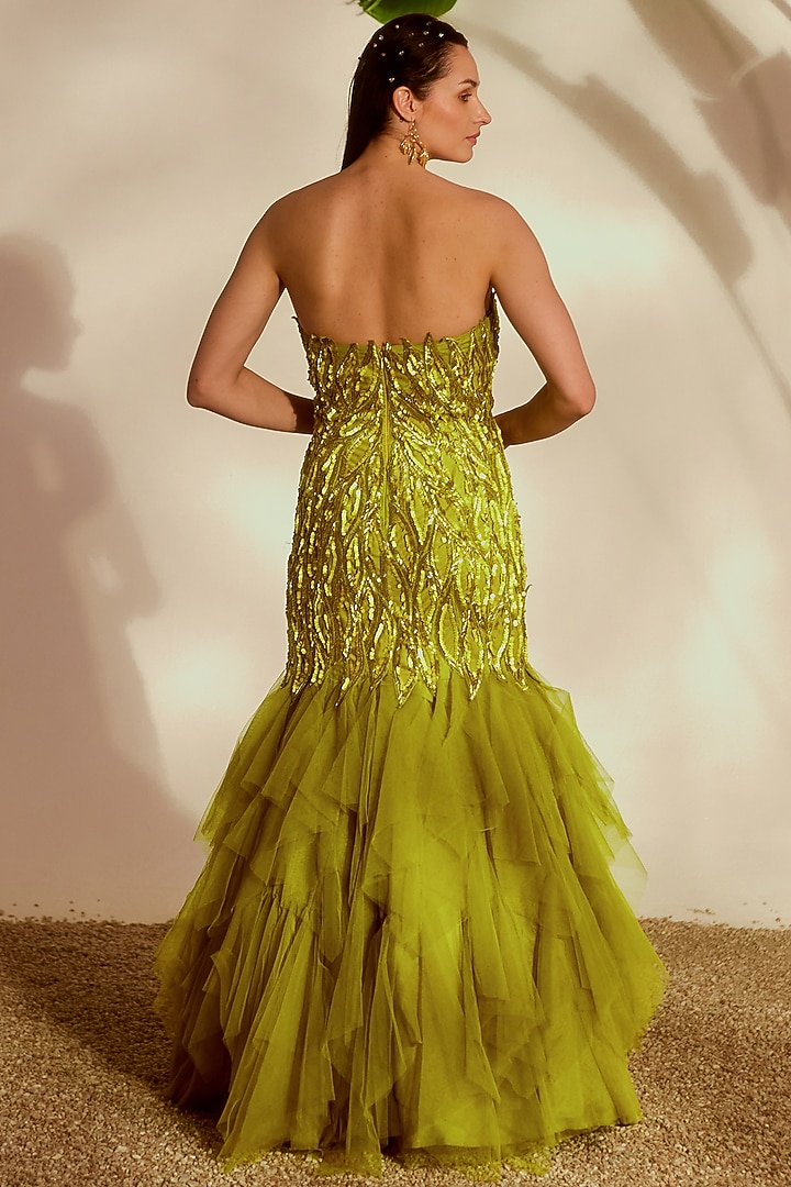 Green Net & Shantoon Applique Embroidered Mermaid Wedding Gown by Silky Bindra at Pernia's Pop Up Shop