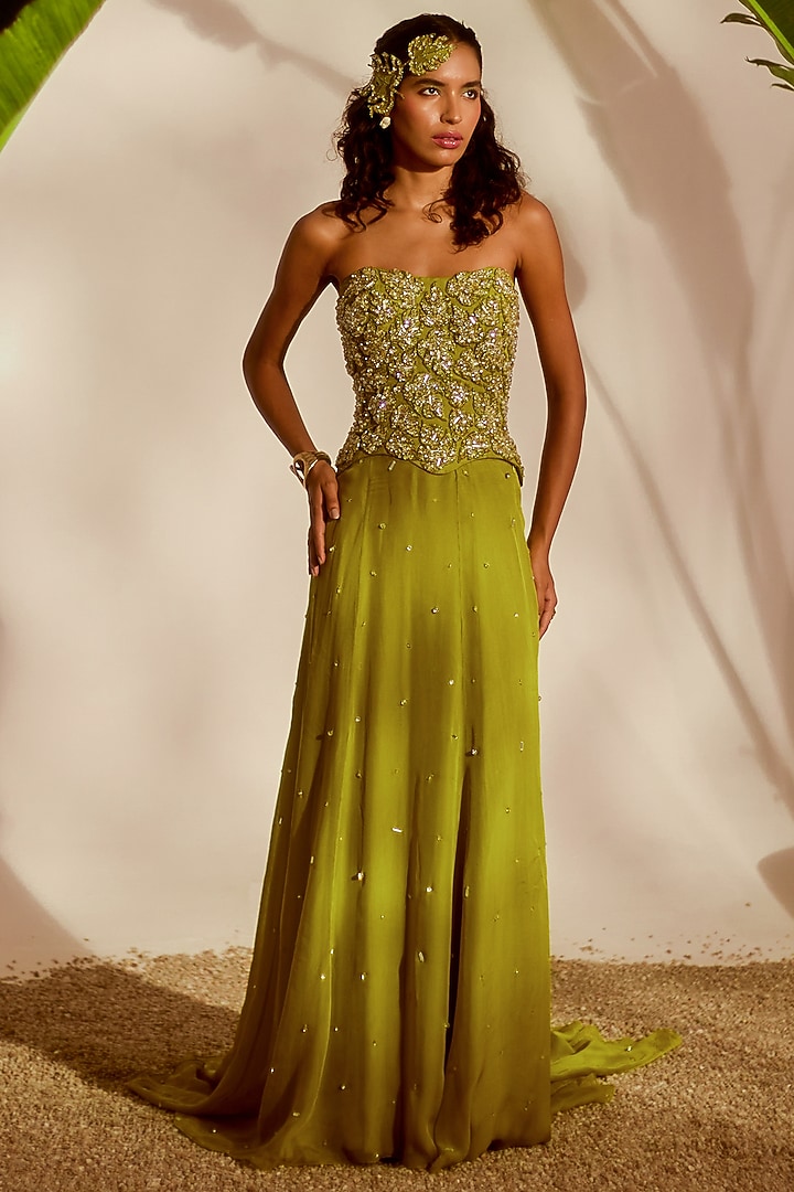 Green Organza & Shantoon A-Line Skirt Set by Silky Bindra at Pernia's Pop Up Shop