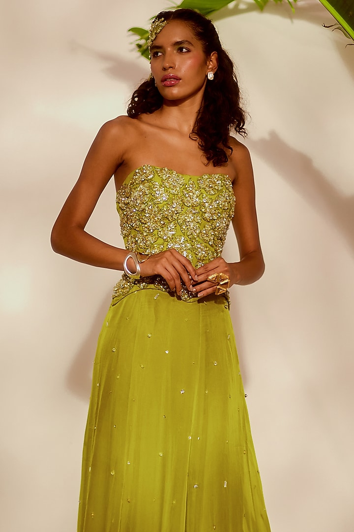 Green Organza & Shantoon A-Line Skirt Set by Silky Bindra at Pernia's Pop Up Shop