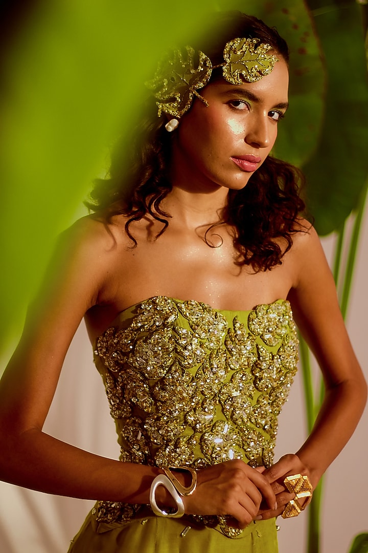 Green Organza & Shantoon A-Line Skirt Set by Silky Bindra at Pernia's Pop Up Shop