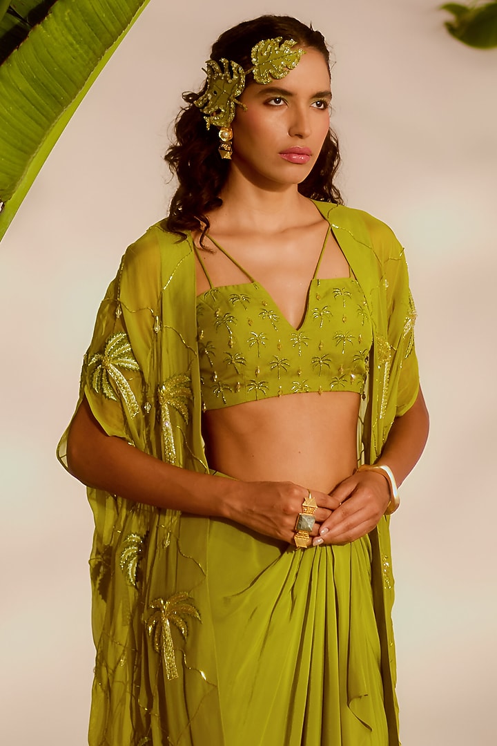 Green Shantoon & Organza Embroidered Cape Set by Silky Bindra at Pernia's Pop Up Shop
