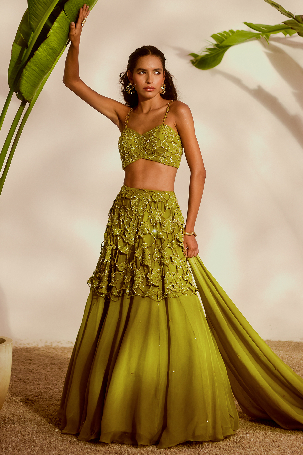 Green Shantoon & Organza Cutwork Wedding Lehenga Set by Silky Bindra at Pernia's Pop Up Shop