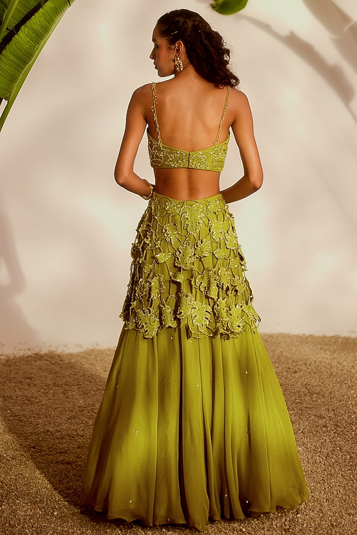 Green Shantoon & Organza Cutwork Wedding Lehenga Set by Silky Bindra at Pernia's Pop Up Shop