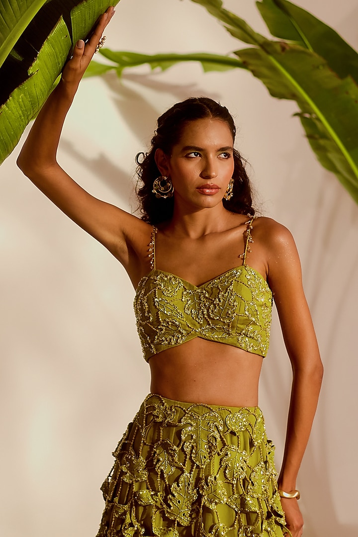 Green Shantoon & Organza Cutwork Wedding Lehenga Set by Silky Bindra at Pernia's Pop Up Shop