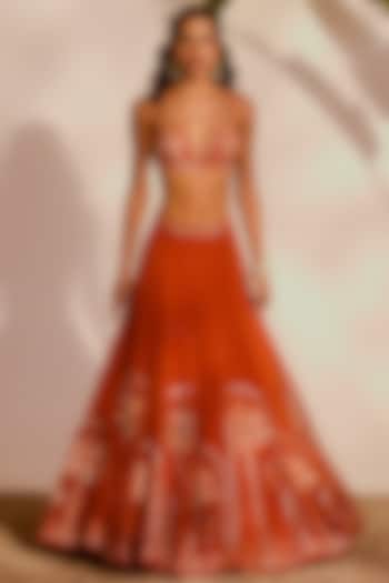 Rust Orange Shantoon & Organza Embroidered Wedding Lehenga Set by Silky Bindra at Pernia's Pop Up Shop