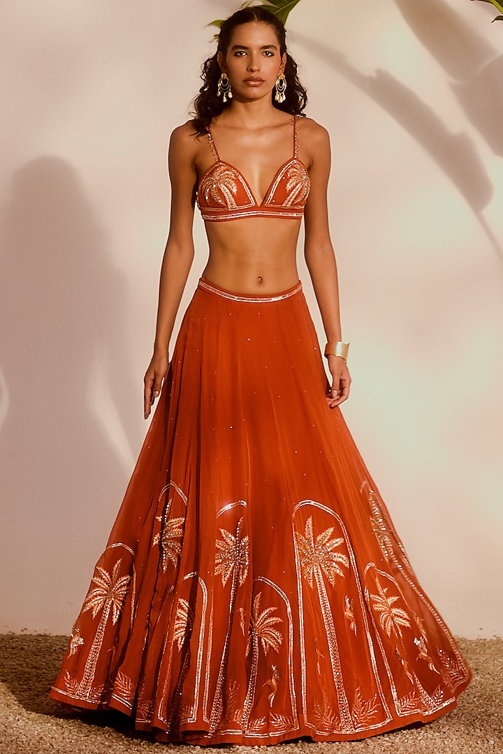 Rust Orange Shantoon & Organza Embroidered Wedding Lehenga Set by Silky Bindra at Pernia's Pop Up Shop