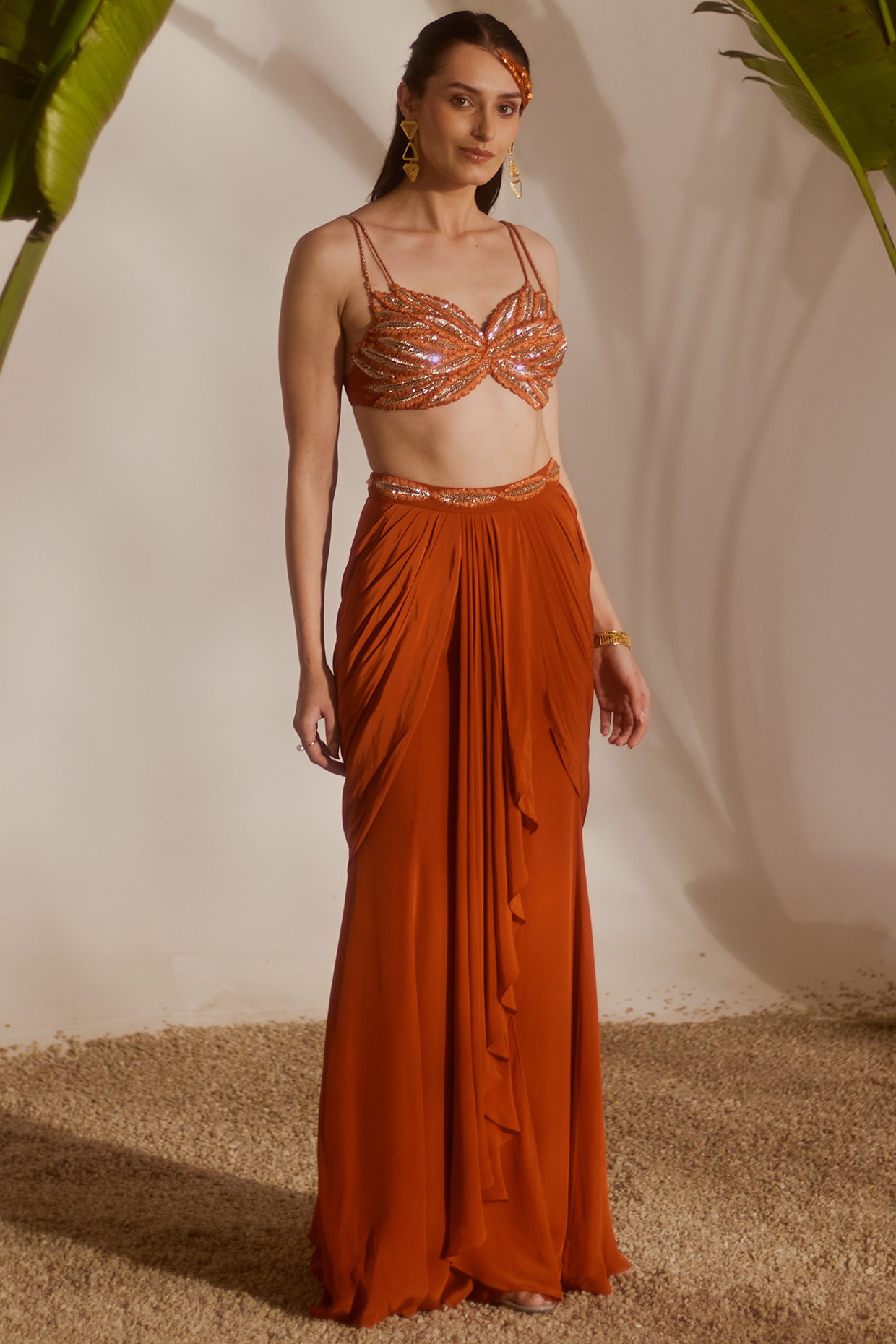 Rust Orange Crepe & Shantoon Draped Skirt Set by Silky Bindra at Pernia's Pop Up Shop